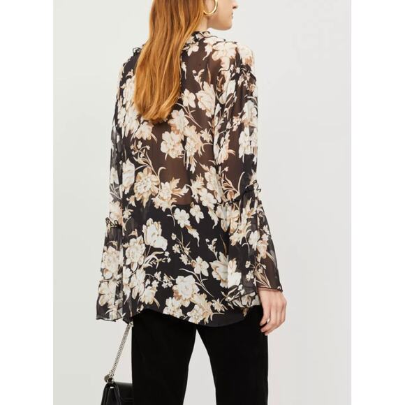 The Kooples Paris Women’s S Black Floral Ruffle Viscose Muslin Blouse NEW - Picture 2 of 6